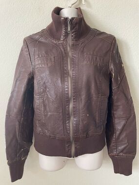 Catwalk Brown Distressed Faux Leather Ribbed Trim Zip Up Cosplay Jacket Size M